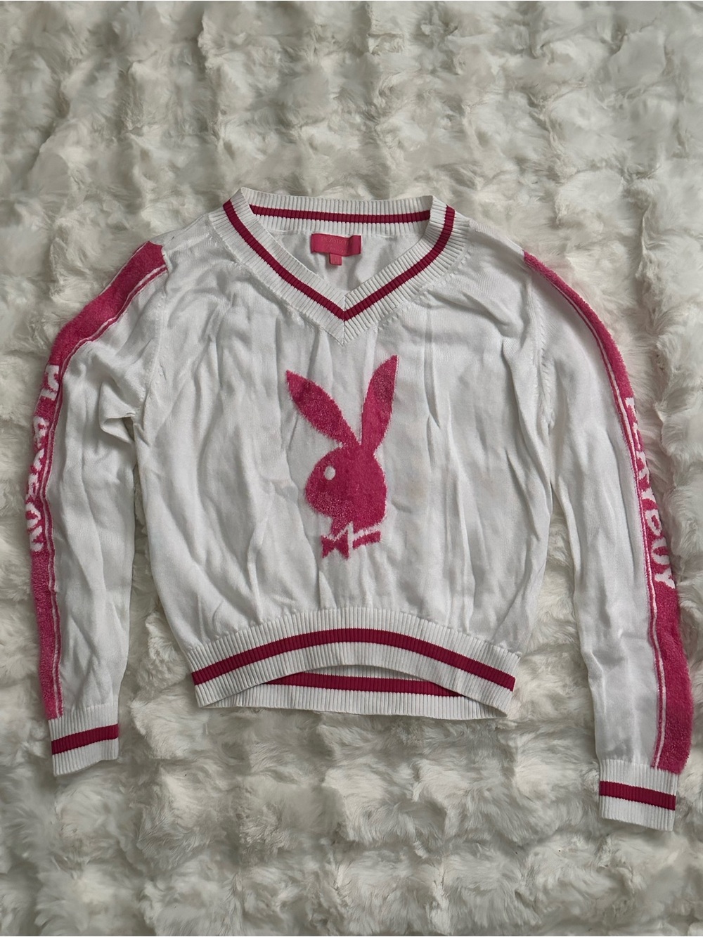 Rare Playboy V-Neck Knit Sweater — Cream with Pink Logo